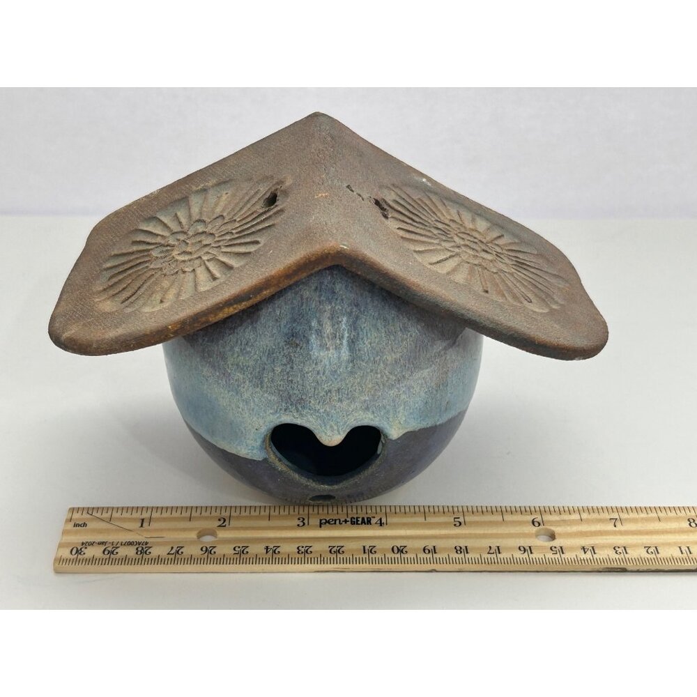 Handcrafted Pottery Birdhouse Heart Blue Cottagecore Farmhouse Garden Rustic - Picture 7 of 9
